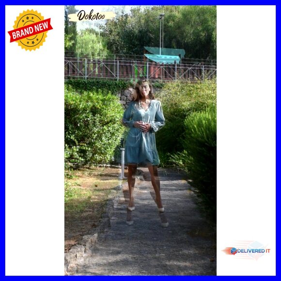 Lace Embroidered V-Neck Long Sleeve Mini Dress A-Line Swing Casual - Picture 7 of 7